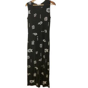 Vintage 1990s Slip Dress Size M Stretch Black White Fish Abstract Beach Maxi